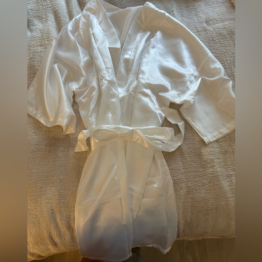 White Satin Bride Robe with Rhinestone Detail - Picture 2 of 4